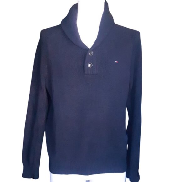 Tommy Hilfiger SZ S Black Cotton Men's 2 Button Shawl Collar Pullever Sweater - Picture 1 of 12